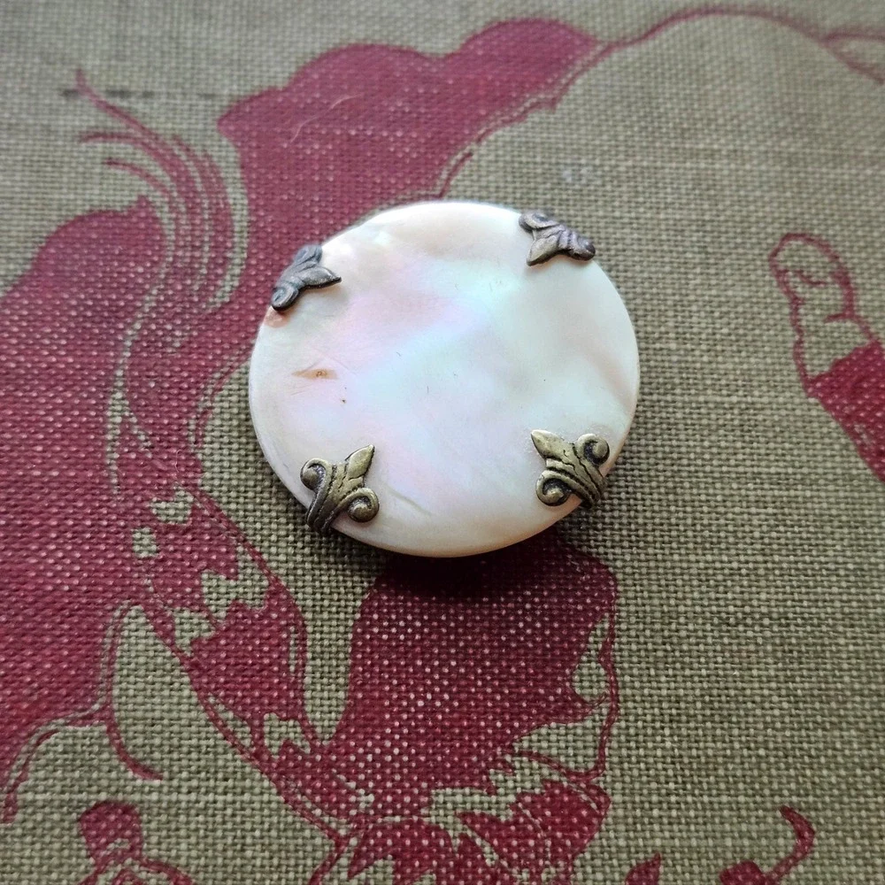 Antique Victorian Mother of Pearl Fleur De Lis Brooch Brass Circle Round Pin